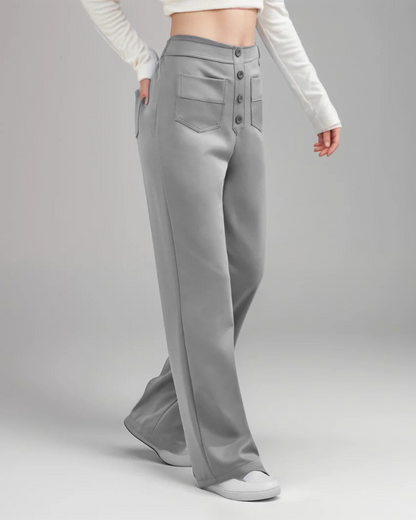 Pantaloni Drepți cu Talie înaltă, cu Nasturi Decorativi și Buzunare Frontale în Stil Utilitar