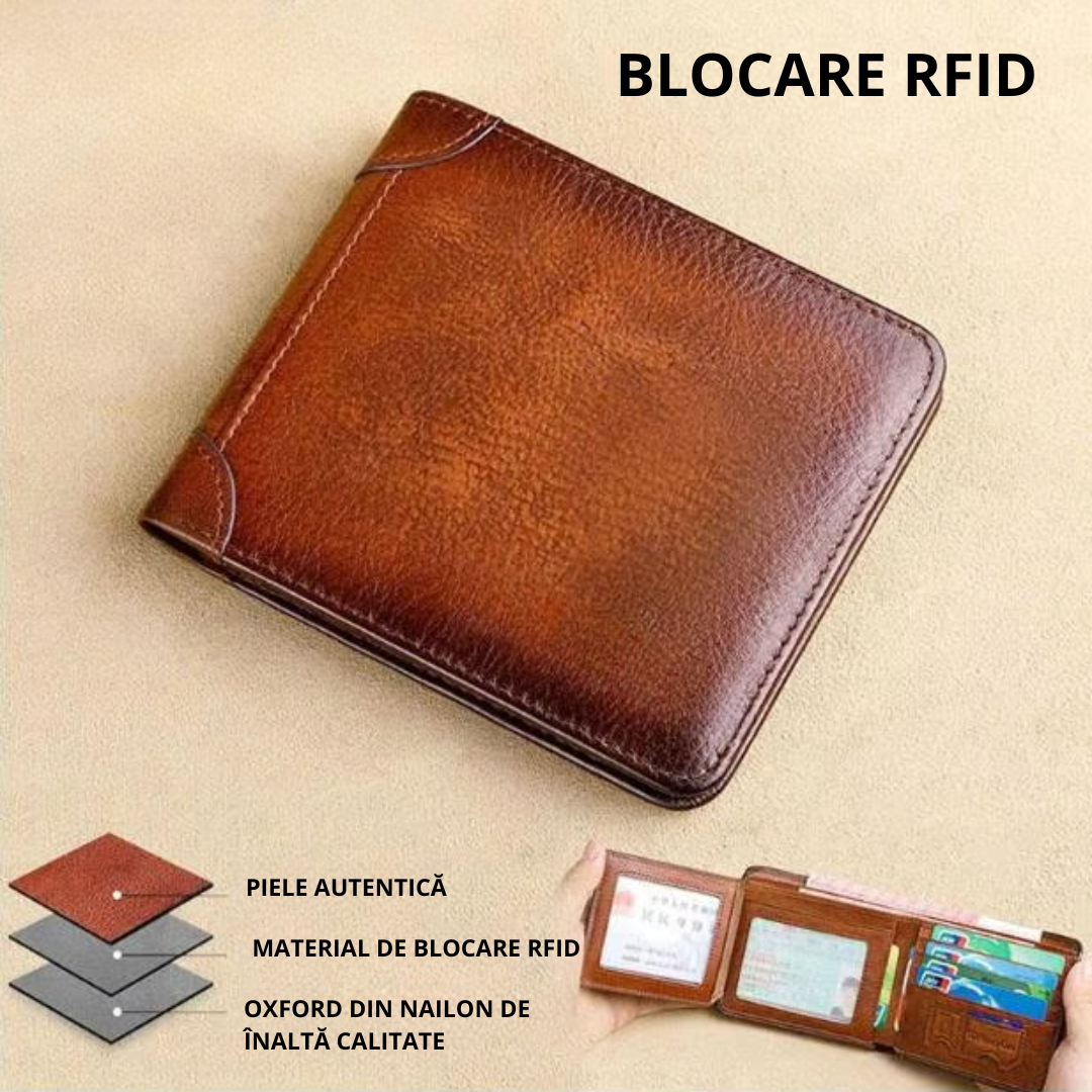 Portofel impermeabil din piele naturală cu blocare RFID multifuncțională