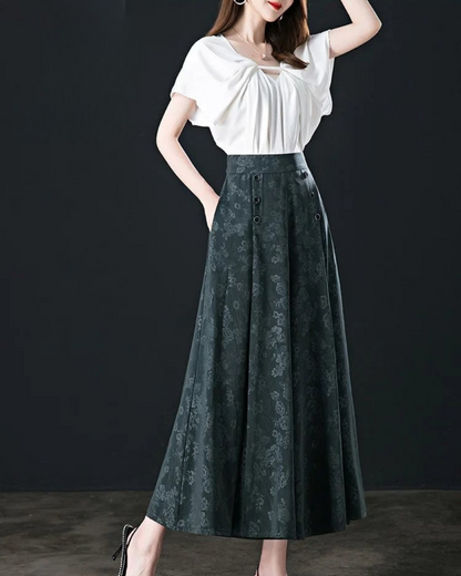 Pantaloni Palazzo cu Flori și Nasturi